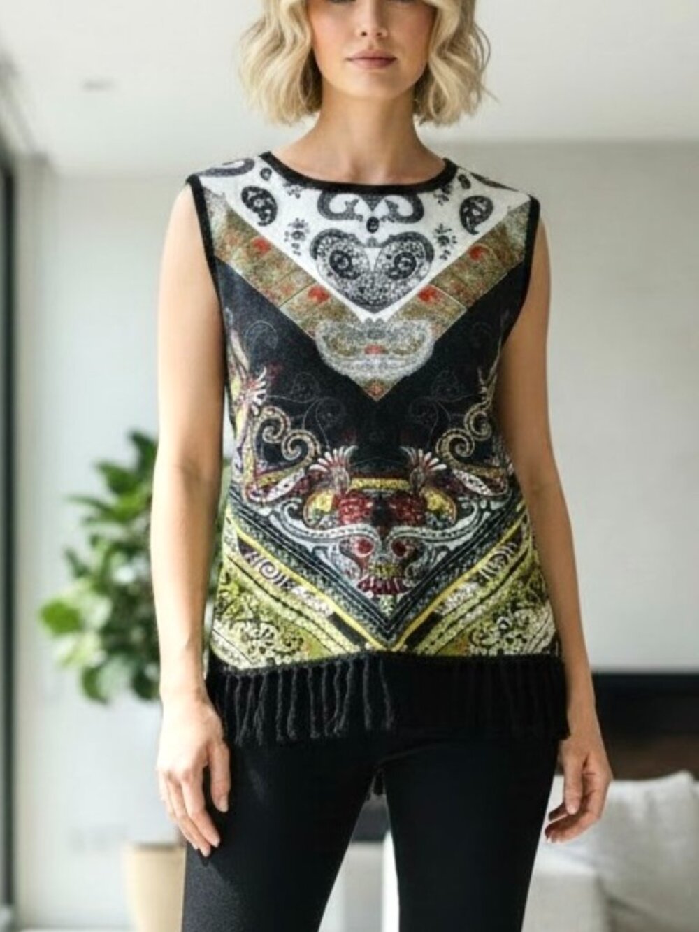 Alice + Olivia Top Sleeveless Black Multi Printed Fringe (S)